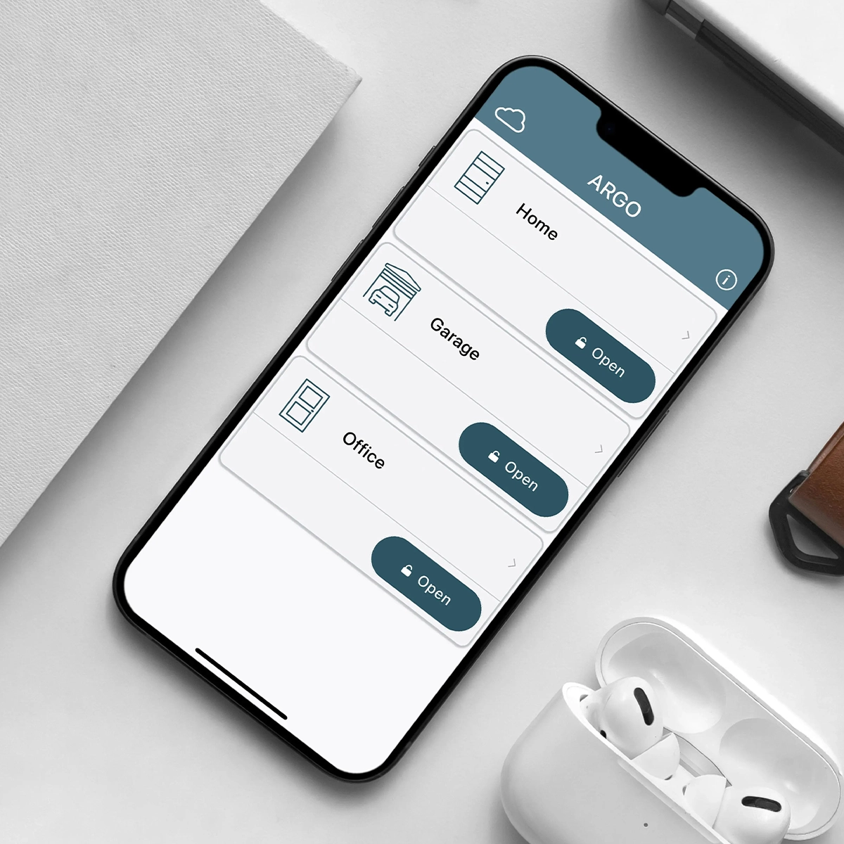 App ISEO Argo per smartphone che mostra i vari accessi all'ufficio, alla casa al garage